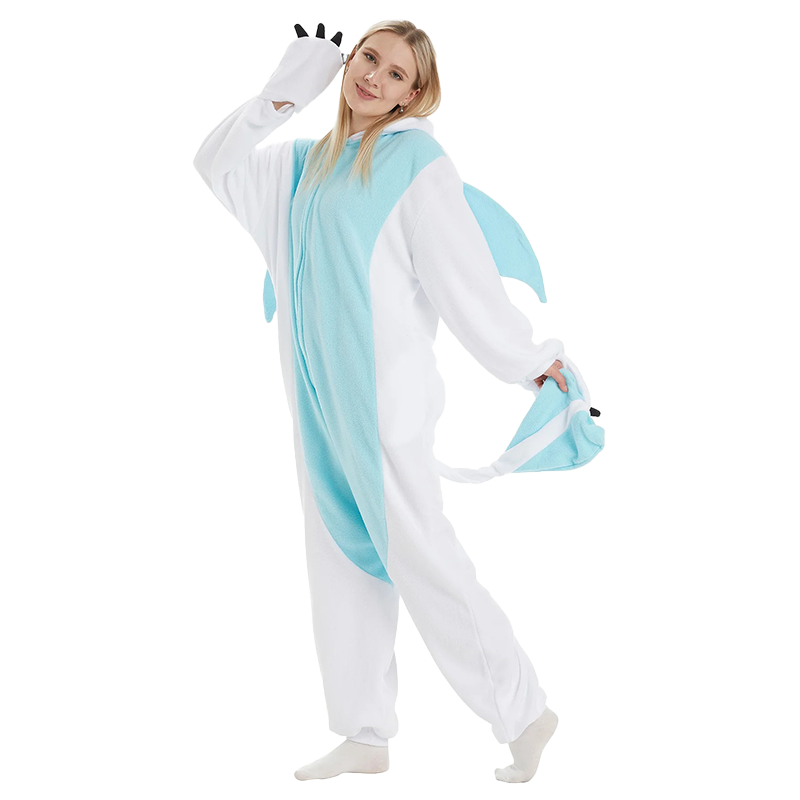 White Dragon Onesie Kigurumi in a playful pose, highlighting its unique claw gloves and dragon wings