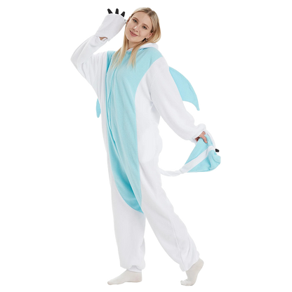 White Dragon Onesie Kigurumi in a playful pose, highlighting its unique claw gloves and dragon wings