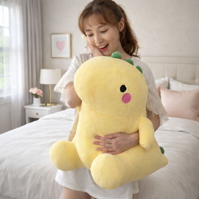 Octoplush Kawaii collection yellow dinosaur plushie being hugged to show its soft and squishable jumbo size. This pastel yellow dino stuffed animal from Octoplush.store features green back spikes, rosy pink cheeks, and a huggable body, making it an essential aesthetic bedroom decor item and a perfect gift.